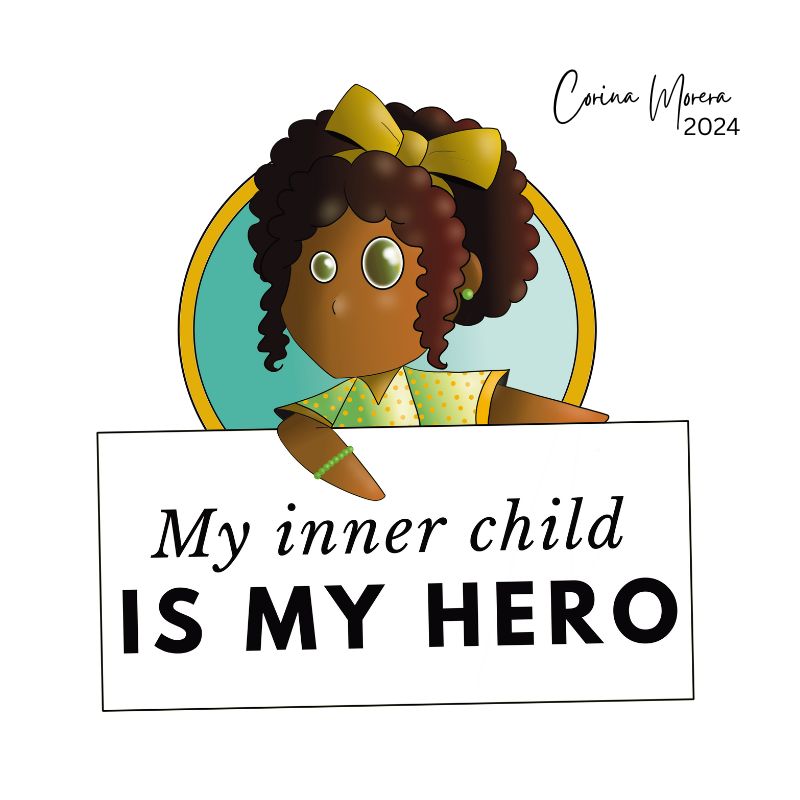 A digital illustration of a ragdoll - inner child sticker with phrase: 'My inner child IS MY HERO'