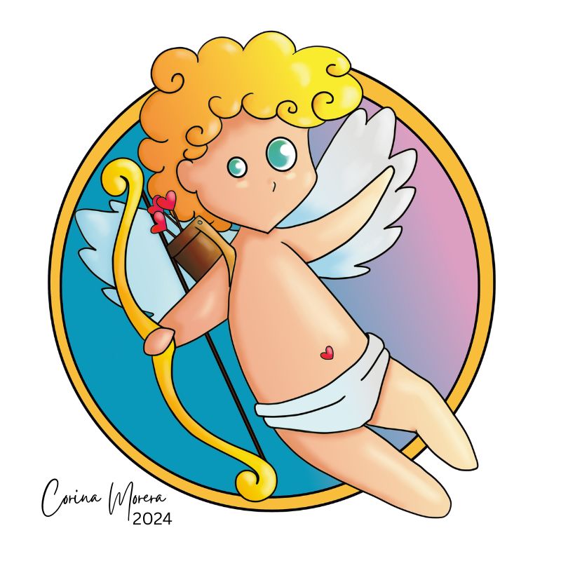 A digital illustration of a ragdoll - cupid with wings, bow and arrow