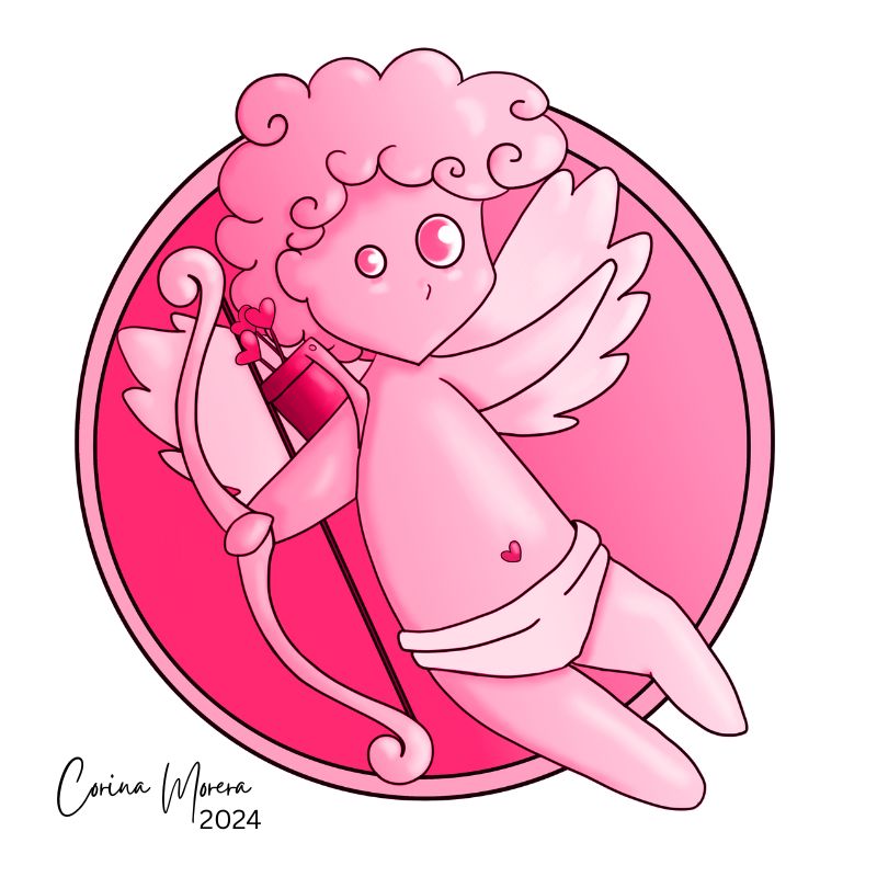 A digital illustration of a ragdoll - cupid with wings, bow and arrow. This version has a pink color scheme