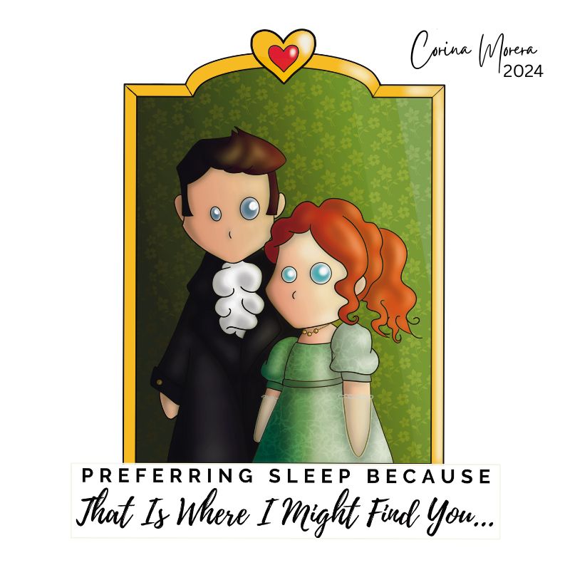A digital illustration of a ragdoll - fanart of Colin and Penelope from Bridgerton with phrase: 'Preferring sleep because that is where I might find you'