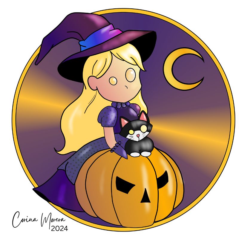 A digital illustration of a ragdoll - Witch with black cat