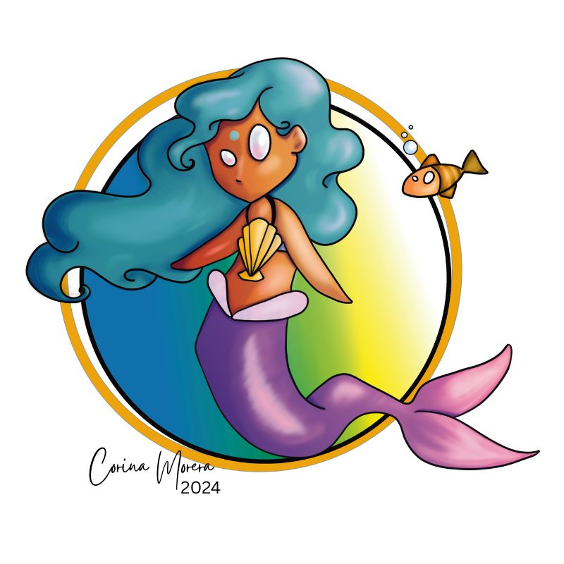 A digital illustration of a ragdoll - mermaid with teal long hair
