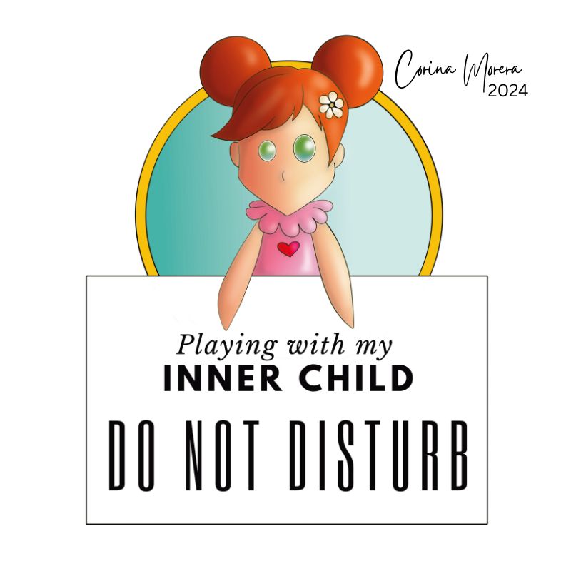 A digital illustration of a ragdoll - inner child sticker with phrase: 'Playing with my inner child. DO NOT DISTURB'