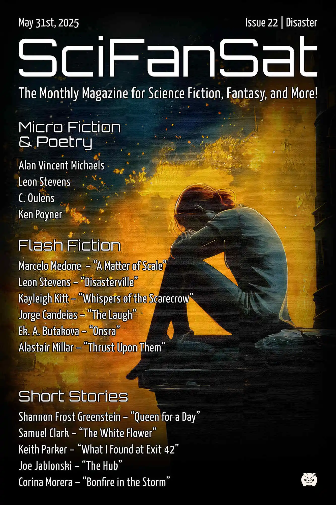 SciFanSat cover issue 22. A girl sits on the edge of a terrace, her head resting between her arms and knees. The background is illuminated by the orange glow of the fire.