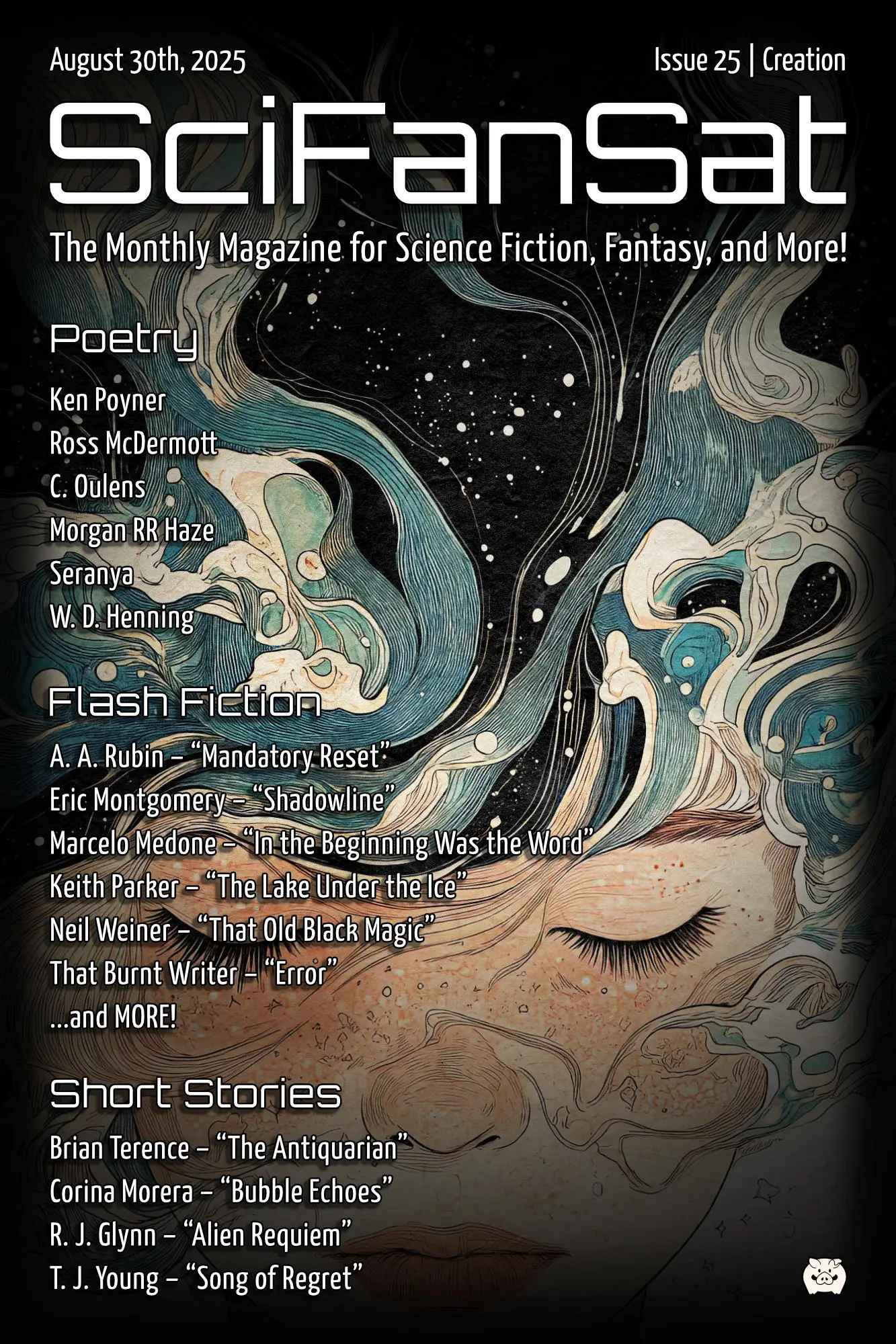 SciFanSat cover issue 25. Close-up of a woman's face with her hair floating in the water