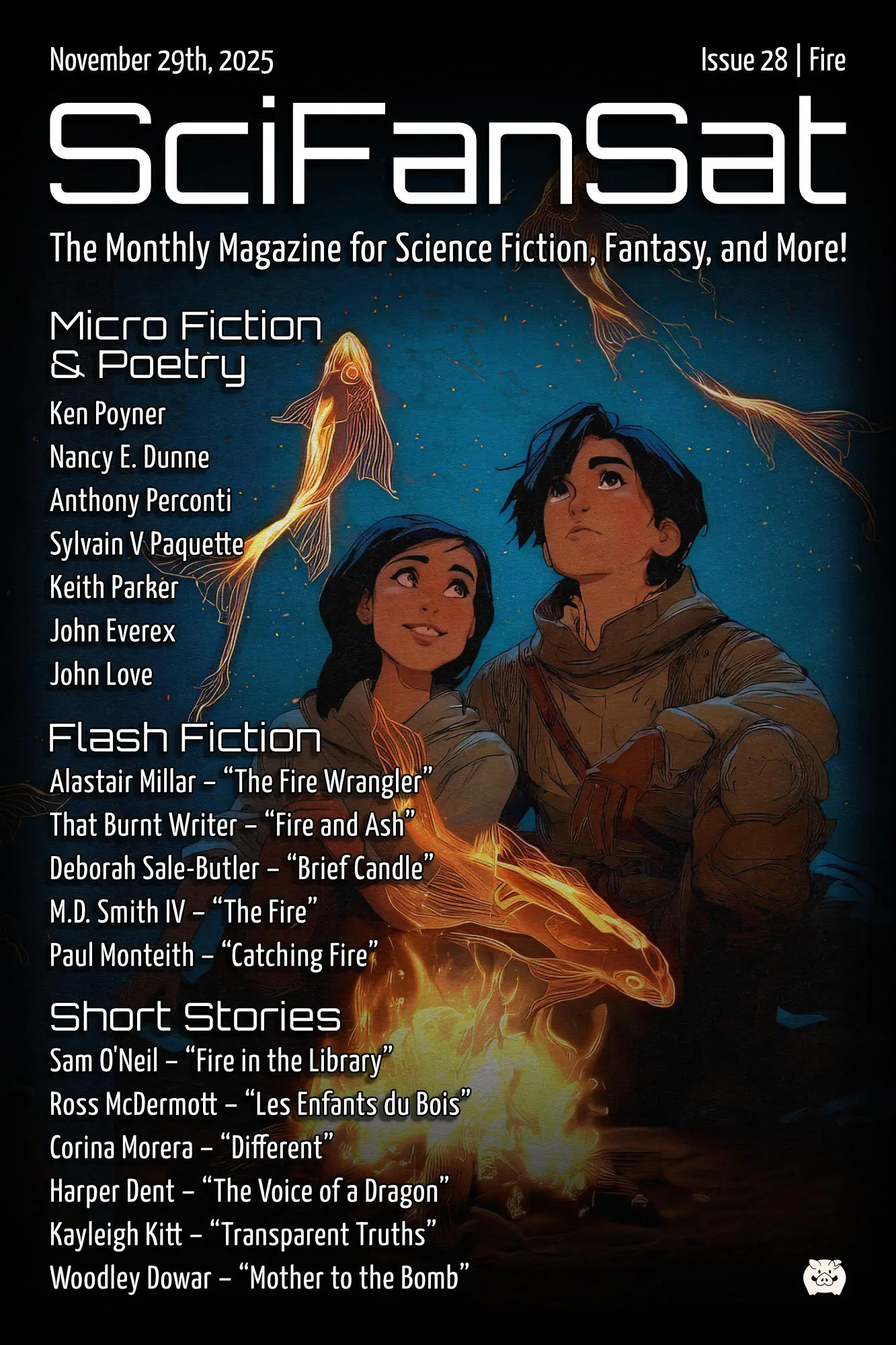SciFanSat cover issue 28. Against a starry background, two young people sit close together, gazing upward with hopeful expressions. Glowing, flame-like fish or spirit creatures swim through the air around them, casting warm orange light. A small fire burns in front of them.